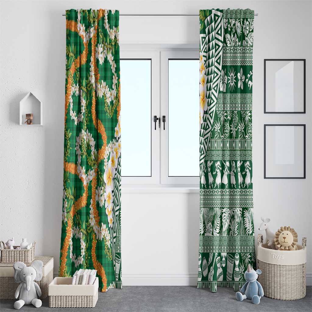 Hawaiian Plumeria Lei Window Curtain Kakau Motifs and Palaka Half Style Green Color - Polynesian Pride