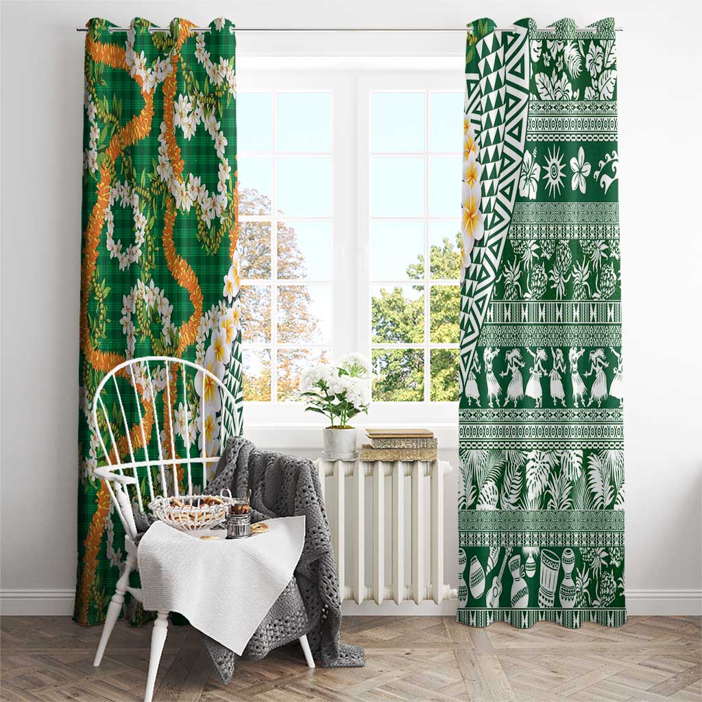 Hawaiian Plumeria Lei Window Curtain Kakau Motifs and Palaka Half Style Green Color - Polynesian Pride