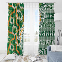 Hawaiian Plumeria Lei Window Curtain Kakau Motifs and Palaka Half Style Green Color - Polynesian Pride