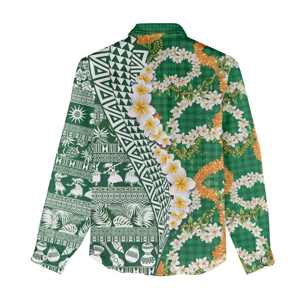 Hawaiian Plumeria Lei Women Casual Shirt Kakau Motifs and Palaka Half Style Green Color - Polynesian Pride