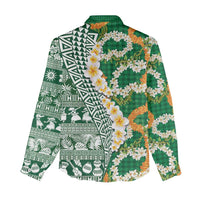 Hawaiian Plumeria Lei Women Casual Shirt Kakau Motifs and Palaka Half Style Green Color - Polynesian Pride