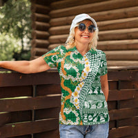 Hawaiian Plumeria Lei Women Polo Shirt Kakau Motifs and Palaka Half Style Green Color - Polynesian Pride