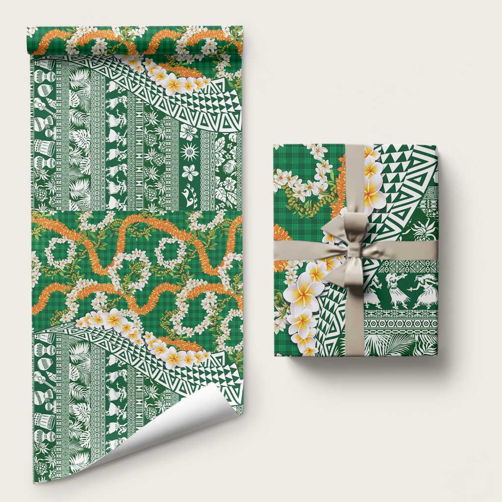 Hawaiian Plumeria Lei Wrapping Paper Kakau Motifs and Palaka Half Style Green Color - Polynesian Pride