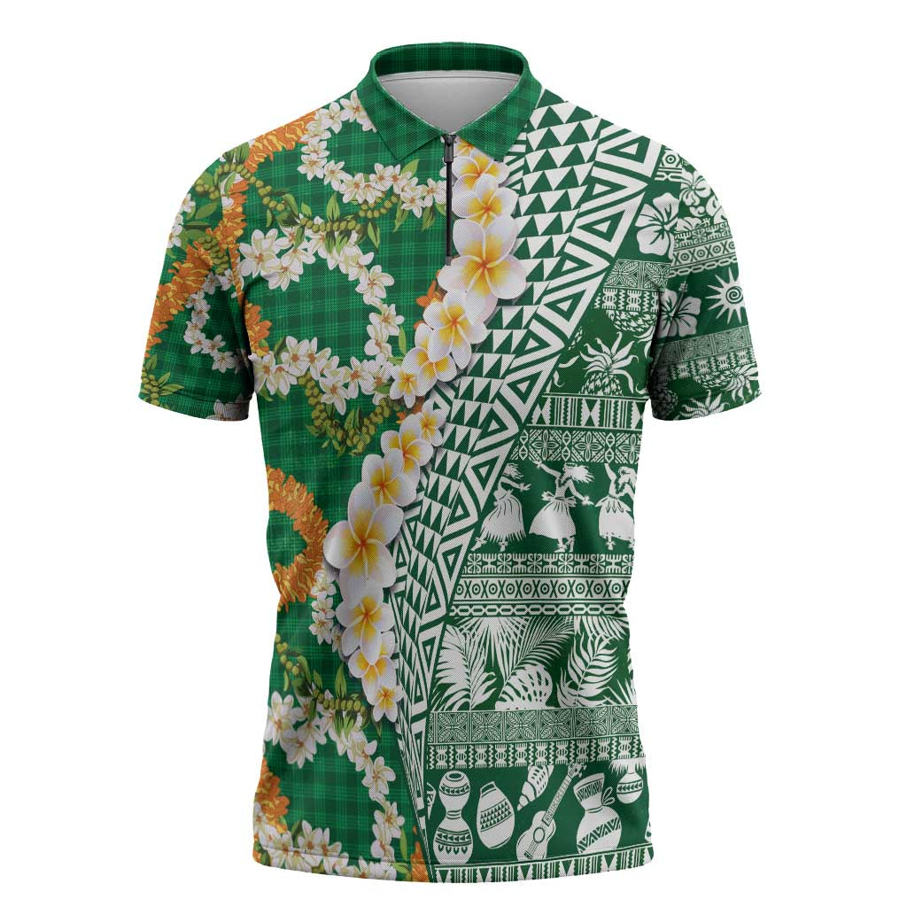 Hawaiian Plumeria Lei Zipper Polo Shirt Kakau Motifs and Palaka Half Style Green Color - Polynesian Pride