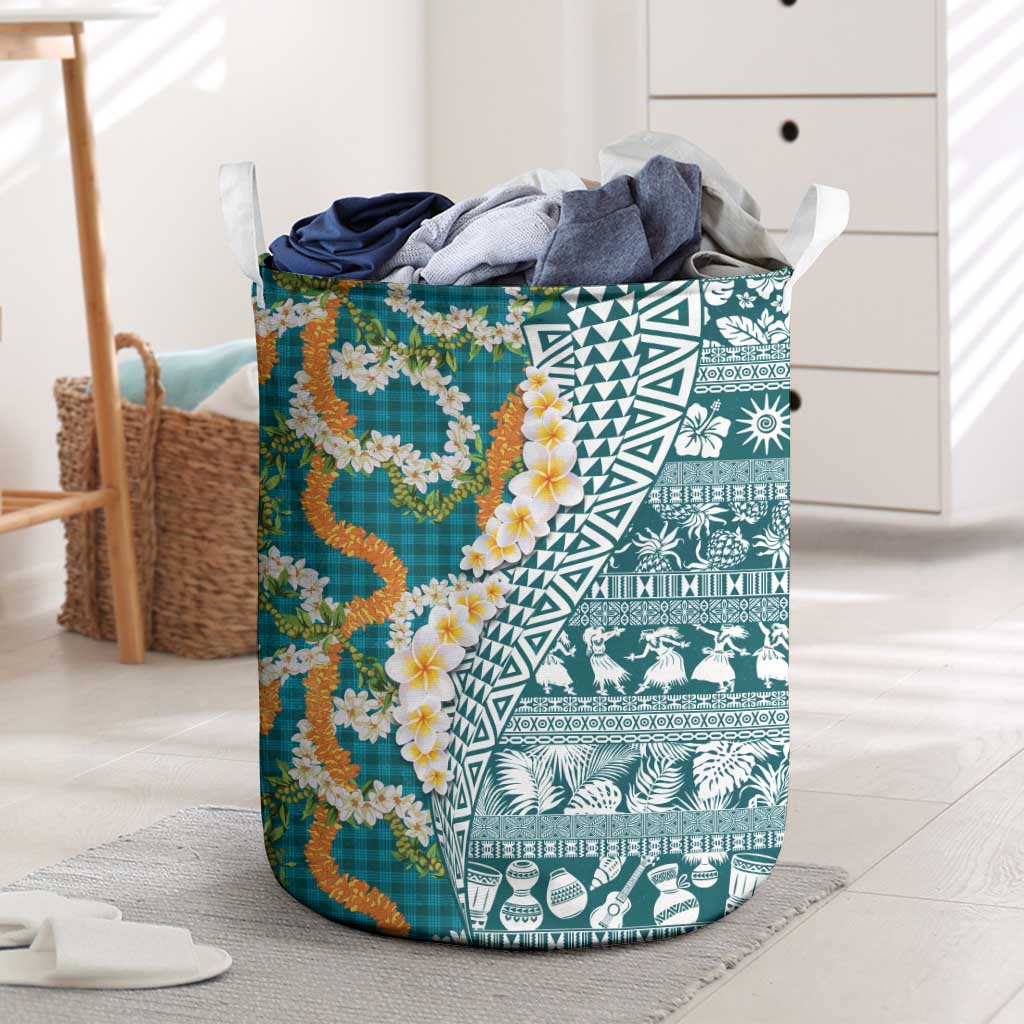 Hawaiian Plumeria Lei Laundry Basket Kakau Motifs and Palaka Half Style Turquoise Color - Polynesian Pride
