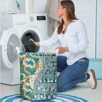 Hawaiian Plumeria Lei Laundry Basket Kakau Motifs and Palaka Half Style Turquoise Color - Polynesian Pride