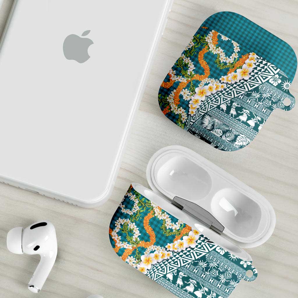 Hawaiian Plumeria Lei AirPods Case Kakau Motifs and Palaka Half Style Turquoise Color - Polynesian Pride