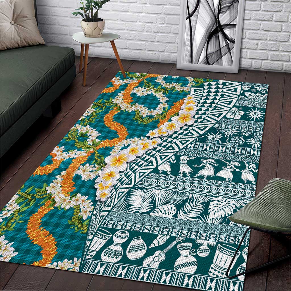 Hawaiian Plumeria Lei Area Rug Kakau Motifs and Palaka Half Style Turquoise Color - Polynesian Pride