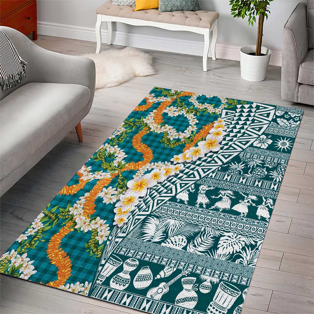 Hawaiian Plumeria Lei Area Rug Kakau Motifs and Palaka Half Style Turquoise Color - Polynesian Pride