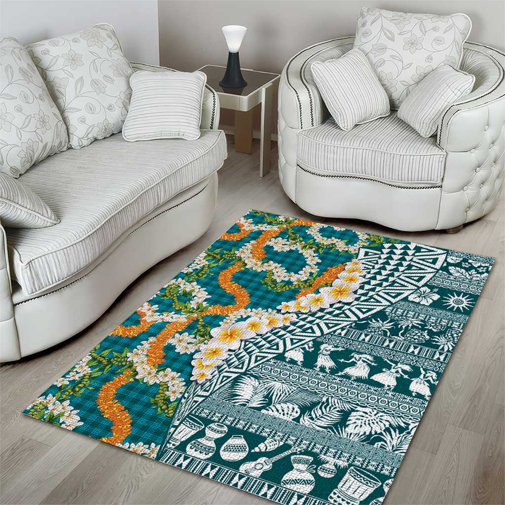 Hawaiian Plumeria Lei Area Rug Kakau Motifs and Palaka Half Style Turquoise Color - Polynesian Pride
