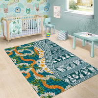 Hawaiian Plumeria Lei Area Rug Kakau Motifs and Palaka Half Style Turquoise Color - Polynesian Pride