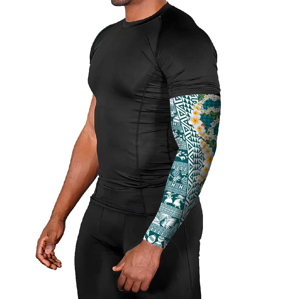 Hawaiian Plumeria Lei Arm Sleeves Kakau Motifs and Palaka Half Style Turquoise Color - Polynesian Pride
