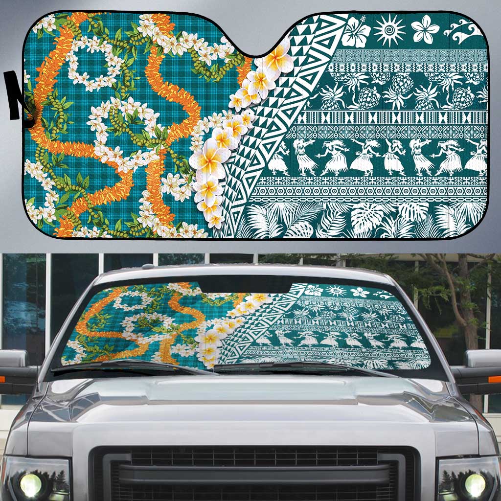 Hawaiian Plumeria Lei Auto Sun Shade Kakau Motifs and Palaka Half Style Turquoise Color - Polynesian Pride