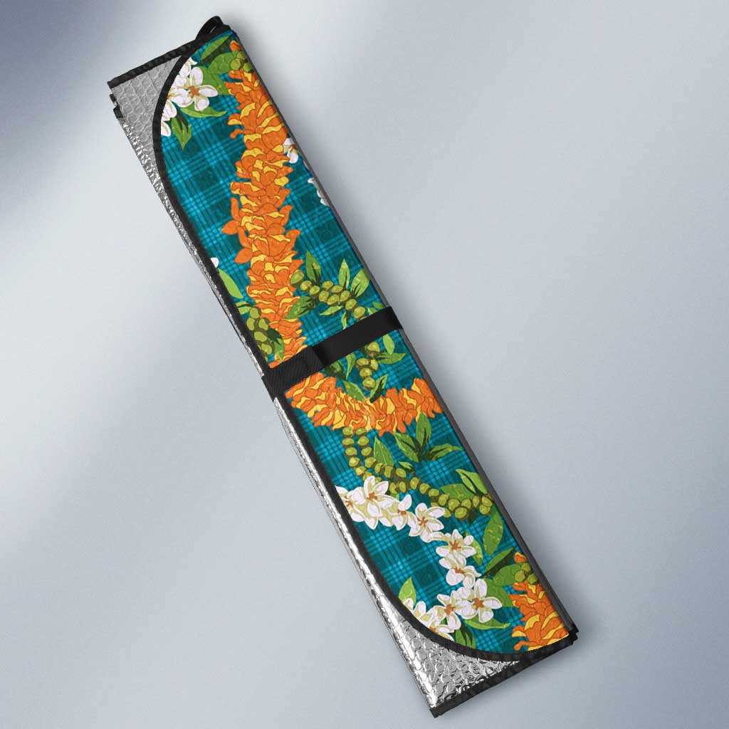 Hawaiian Plumeria Lei Auto Sun Shade Kakau Motifs and Palaka Half Style Turquoise Color LT03 - Polynesian Pride