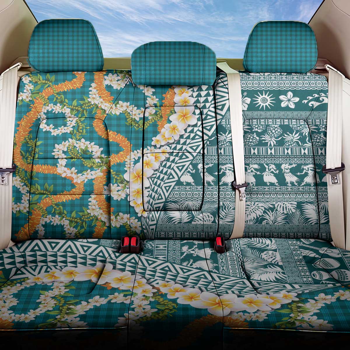 Hawaiian Plumeria Lei Back Car Seat Cover Kakau Motifs and Palaka Half Style Turquoise Color LT03 One Size Turquoise - Polynesian Pride