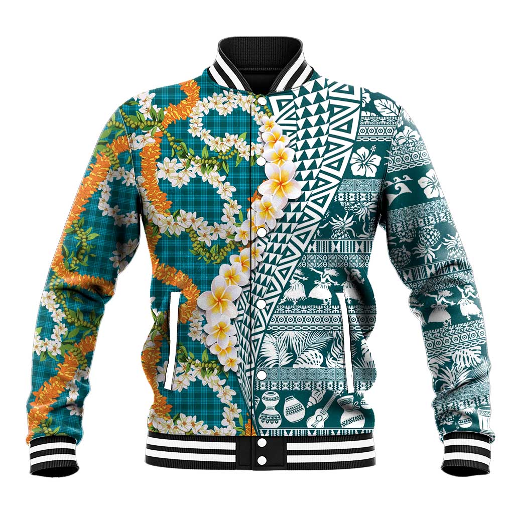 Hawaiian Plumeria Lei Baseball Jacket Kakau Motifs and Palaka Half Style Turquoise Color LT03 Unisex Turquoise - Polynesian Pride