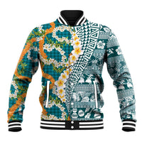 Hawaiian Plumeria Lei Baseball Jacket Kakau Motifs and Palaka Half Style Turquoise Color LT03 Unisex Turquoise - Polynesian Pride