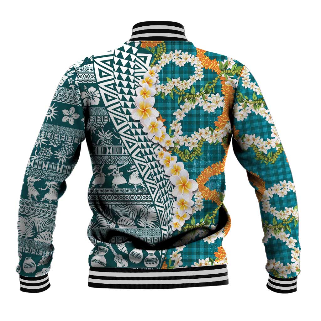 Hawaiian Plumeria Lei Baseball Jacket Kakau Motifs and Palaka Half Style Turquoise Color LT03 - Polynesian Pride
