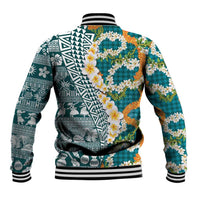 Hawaiian Plumeria Lei Baseball Jacket Kakau Motifs and Palaka Half Style Turquoise Color LT03 - Polynesian Pride