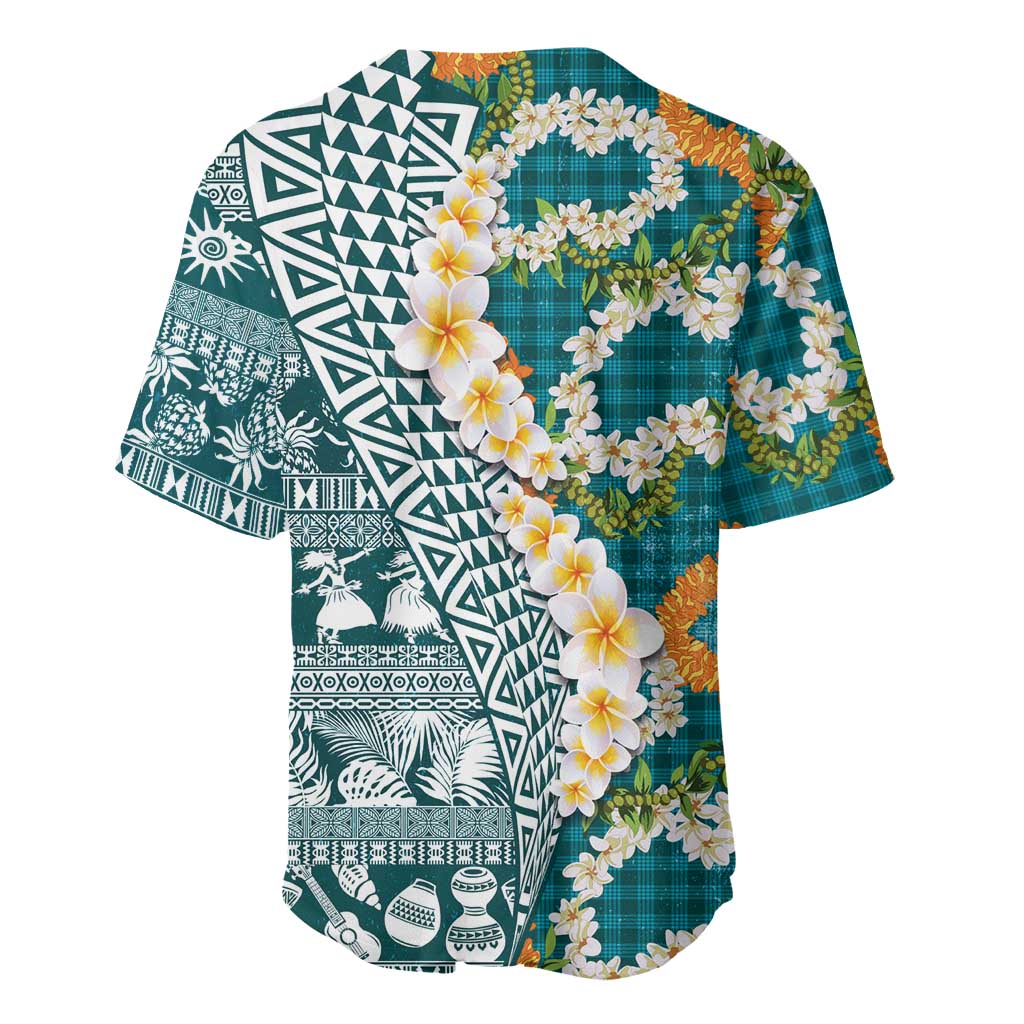 Hawaiian Plumeria Lei Baseball Jersey Kakau Motifs and Palaka Half Style Turquoise Color LT03 - Polynesian Pride