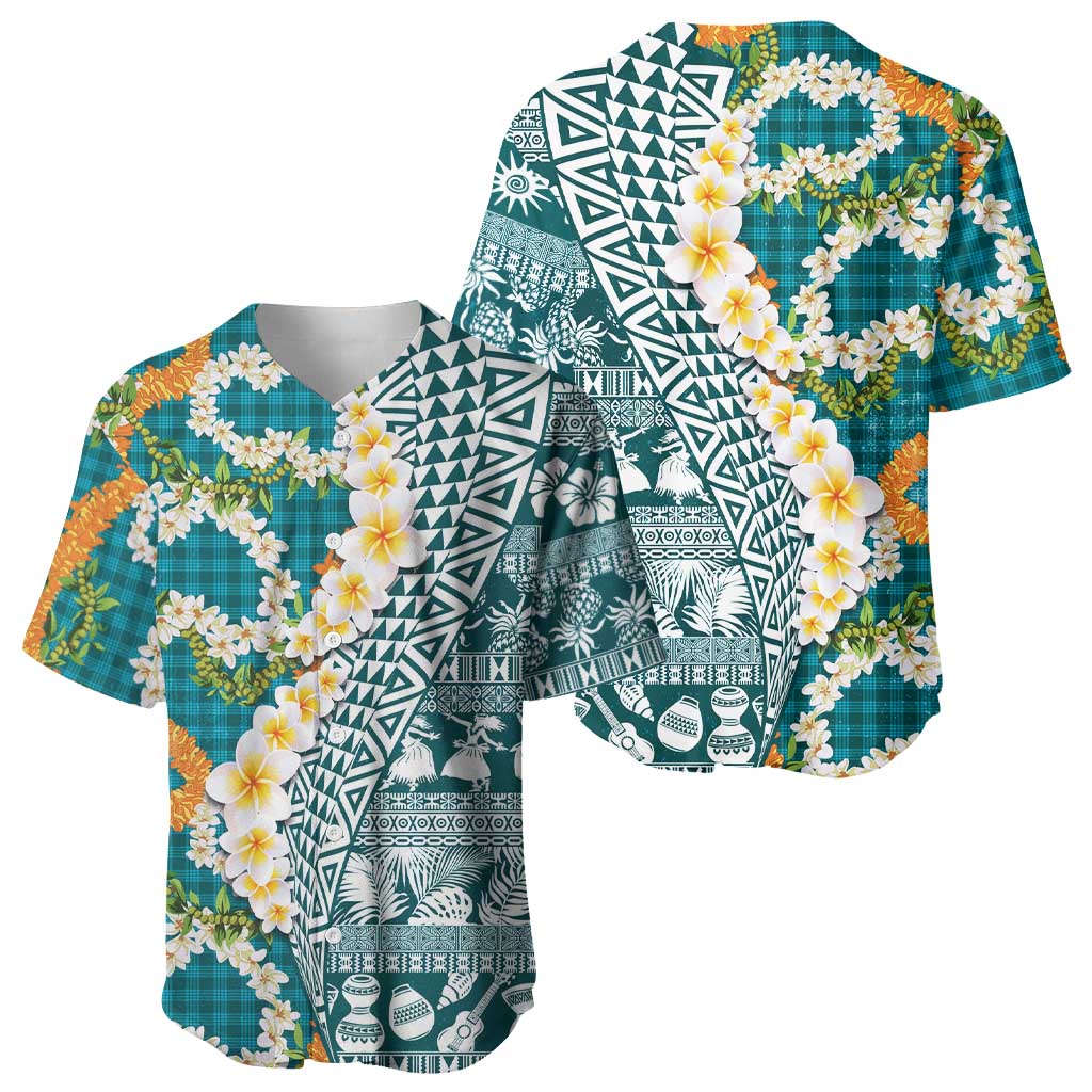 Hawaiian Plumeria Lei Baseball Jersey Kakau Motifs and Palaka Half Style Turquoise Color LT03 - Polynesian Pride