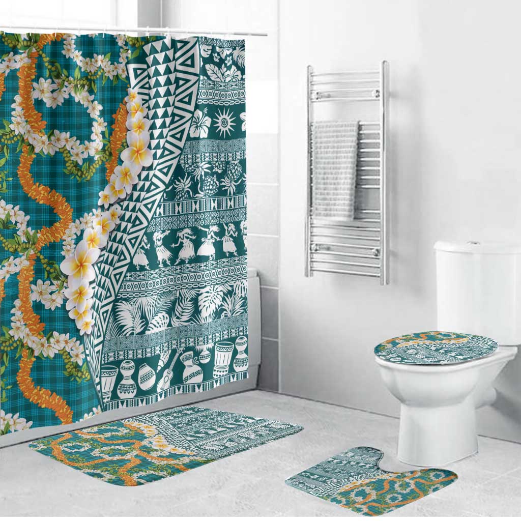Hawaiian Plumeria Lei Bathroom Set Kakau Motifs and Palaka Half Style Turquoise Color LT03 Bathroom Set (4 pcs) Turquoise - Polynesian Pride