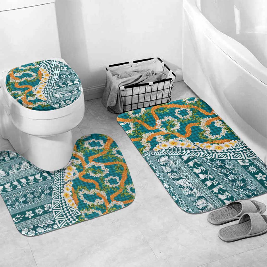 Hawaiian Plumeria Lei Bathroom Set Kakau Motifs and Palaka Half Style Turquoise Color LT03 Mat Set Only (3 pcs) One Size Turquoise - Polynesian Pride