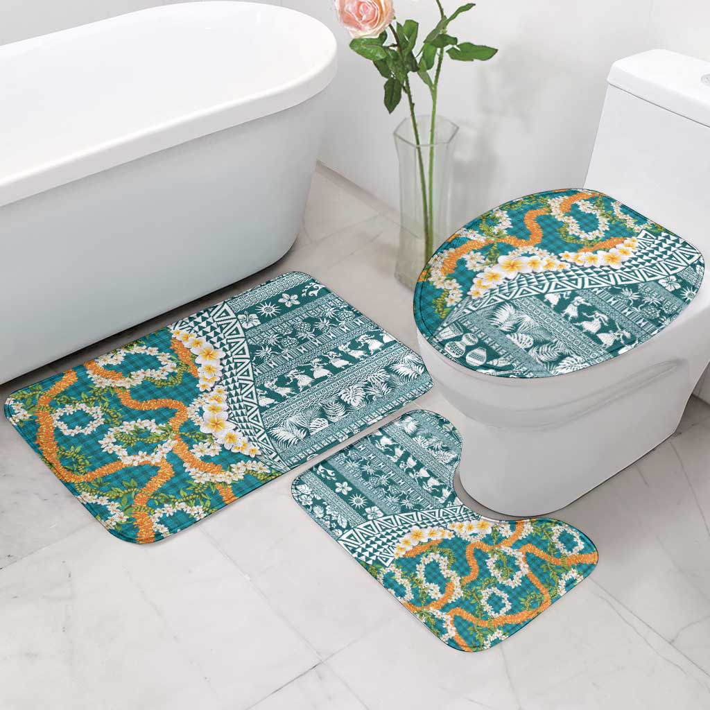 Hawaiian Plumeria Lei Bathroom Set Kakau Motifs and Palaka Half Style Turquoise Color LT03 - Polynesian Pride