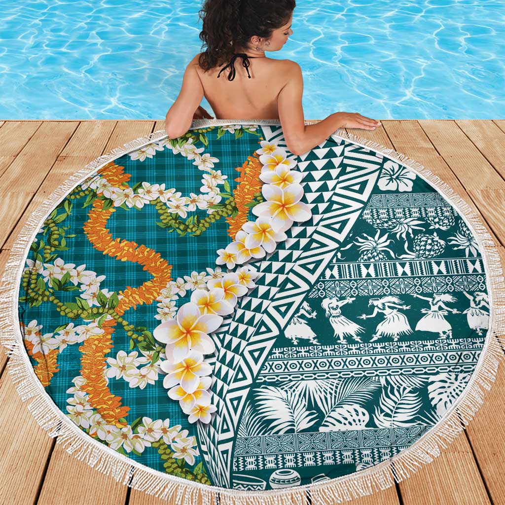 Hawaiian Plumeria Lei Beach Blanket Kakau Motifs and Palaka Half Style Turquoise Color - Polynesian Pride