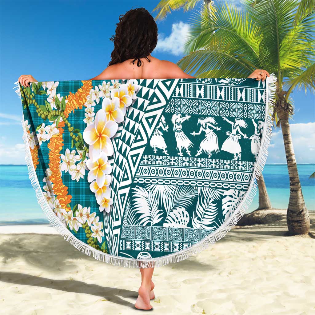 Hawaiian Plumeria Lei Beach Blanket Kakau Motifs and Palaka Half Style Turquoise Color - Polynesian Pride