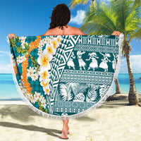 Hawaiian Plumeria Lei Beach Blanket Kakau Motifs and Palaka Half Style Turquoise Color - Polynesian Pride