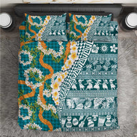 Hawaiian Plumeria Lei Bedding Set Kakau Motifs and Palaka Half Style Turquoise Color - Polynesian Pride
