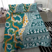 Hawaiian Plumeria Lei Bedding Set Kakau Motifs and Palaka Half Style Turquoise Color - Polynesian Pride