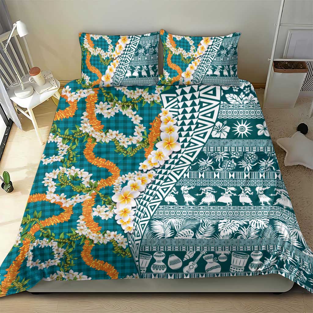 Hawaiian Plumeria Lei Bedding Set Kakau Motifs and Palaka Half Style Turquoise Color - Polynesian Pride