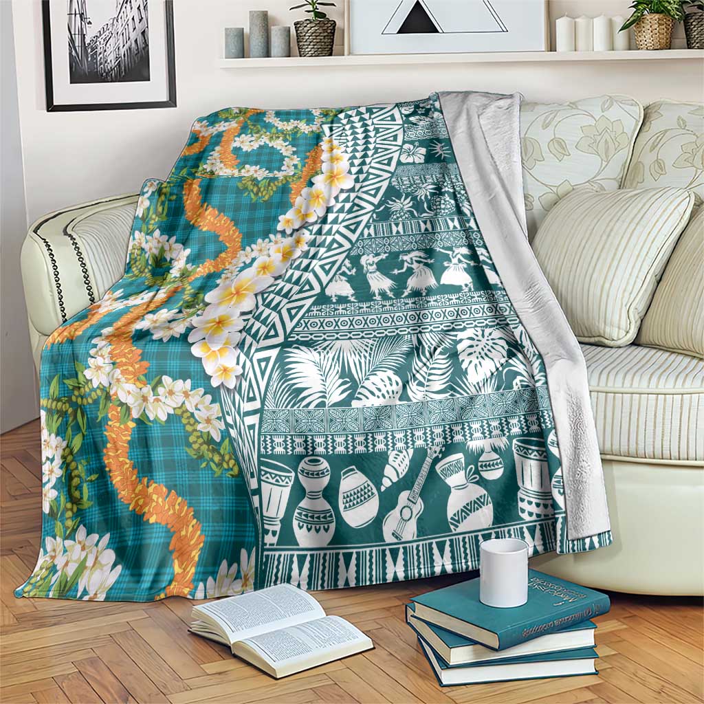 Hawaiian Plumeria Lei Blanket Kakau Motifs and Palaka Half Style Turquoise Color - Polynesian Pride