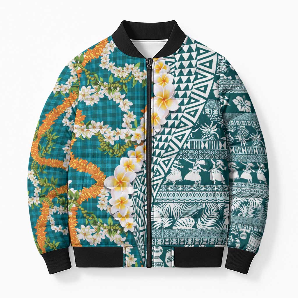 Hawaiian Plumeria Lei Bomber Puffer Jacket Kakau Motifs and Palaka Half Style Turquoise Color LT03 Unisex Turquoise - Polynesian Pride
