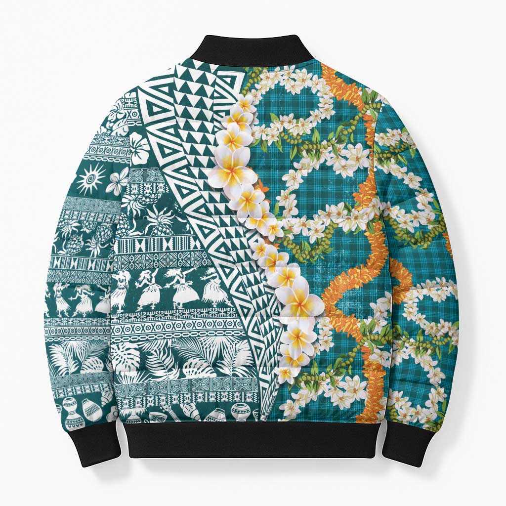 Hawaiian Plumeria Lei Bomber Puffer Jacket Kakau Motifs and Palaka Half Style Turquoise Color LT03 - Polynesian Pride