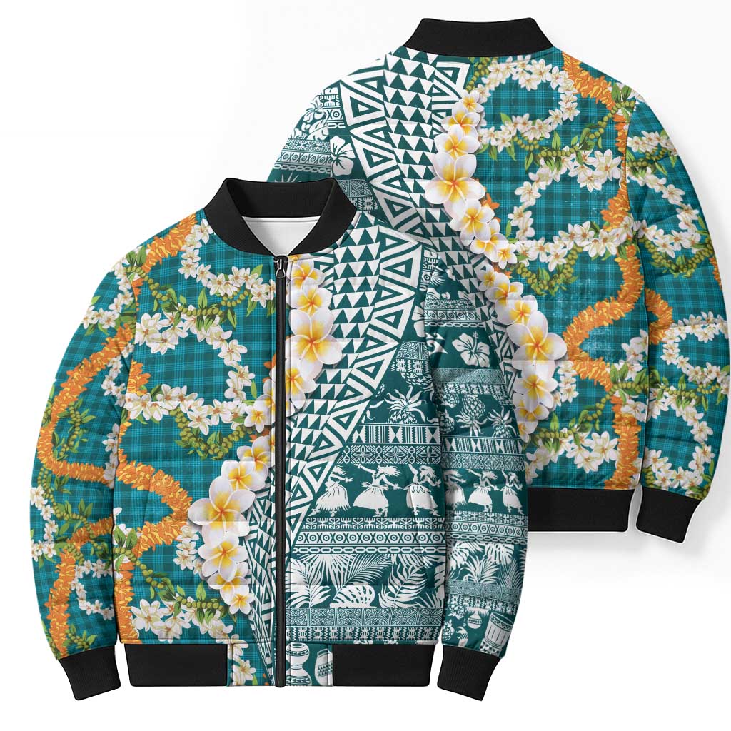 Hawaiian Plumeria Lei Bomber Puffer Jacket Kakau Motifs and Palaka Half Style Turquoise Color LT03 - Polynesian Pride