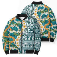 Hawaiian Plumeria Lei Bomber Puffer Jacket Kakau Motifs and Palaka Half Style Turquoise Color LT03 - Polynesian Pride