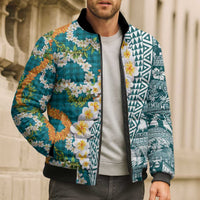 Hawaiian Plumeria Lei Bomber Puffer Jacket Kakau Motifs and Palaka Half Style Turquoise Color LT03 - Polynesian Pride