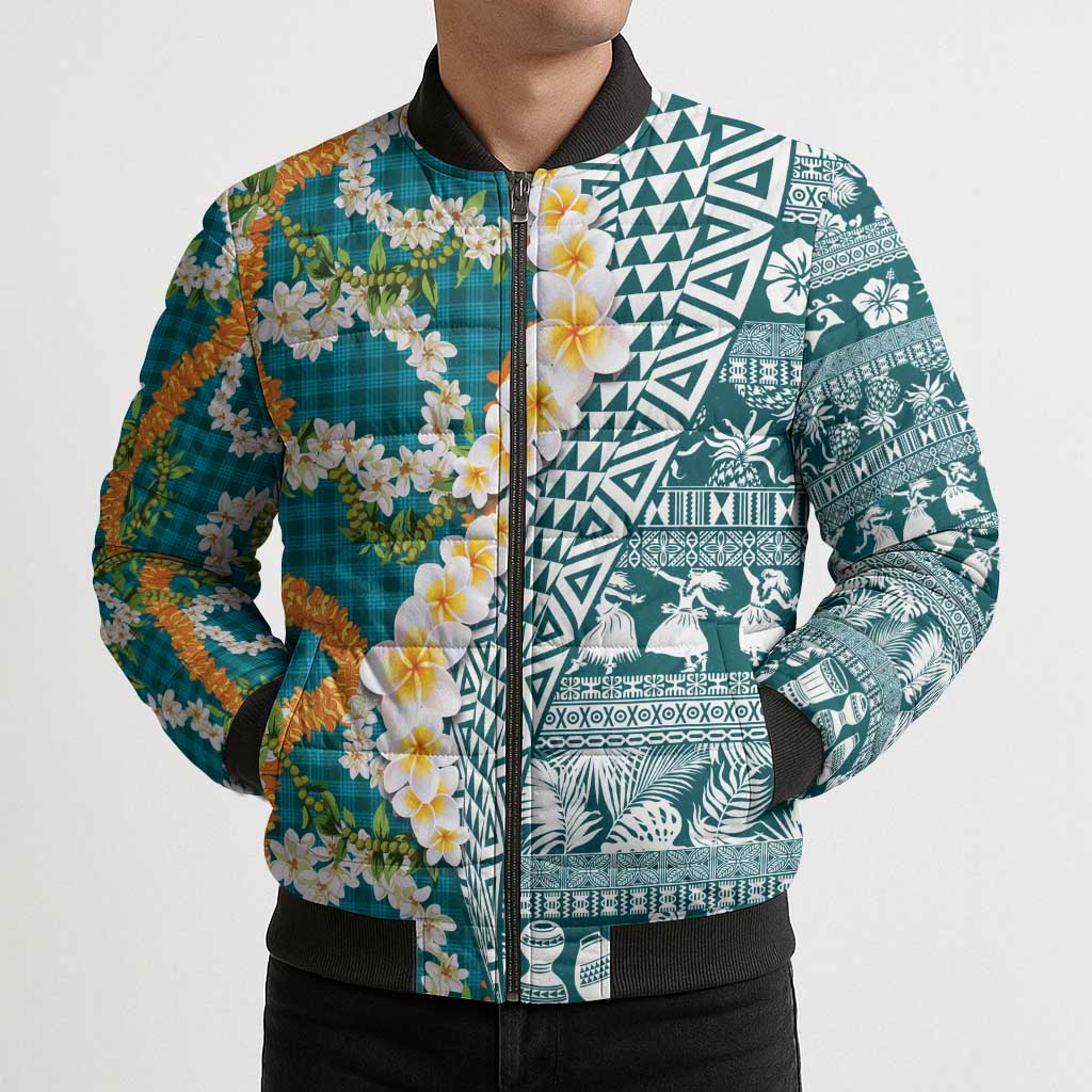 Hawaiian Plumeria Lei Bomber Puffer Jacket Kakau Motifs and Palaka Half Style Turquoise Color LT03 - Polynesian Pride