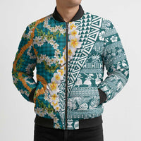 Hawaiian Plumeria Lei Bomber Puffer Jacket Kakau Motifs and Palaka Half Style Turquoise Color LT03 - Polynesian Pride