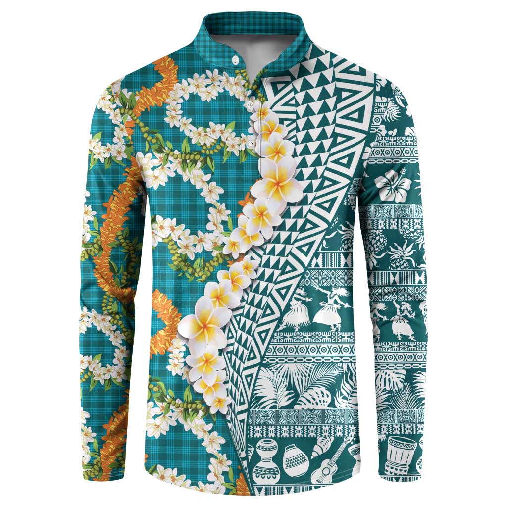 Hawaiian Plumeria Lei Button Sweatshirt Kakau Motifs and Palaka Half Style Turquoise Color LT03 Turquoise - Polynesian Pride