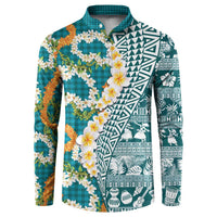 Hawaiian Plumeria Lei Button Sweatshirt Kakau Motifs and Palaka Half Style Turquoise Color LT03 Turquoise - Polynesian Pride
