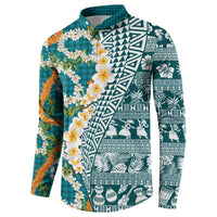 Hawaiian Plumeria Lei Button Sweatshirt Kakau Motifs and Palaka Half Style Turquoise Color LT03 - Polynesian Pride