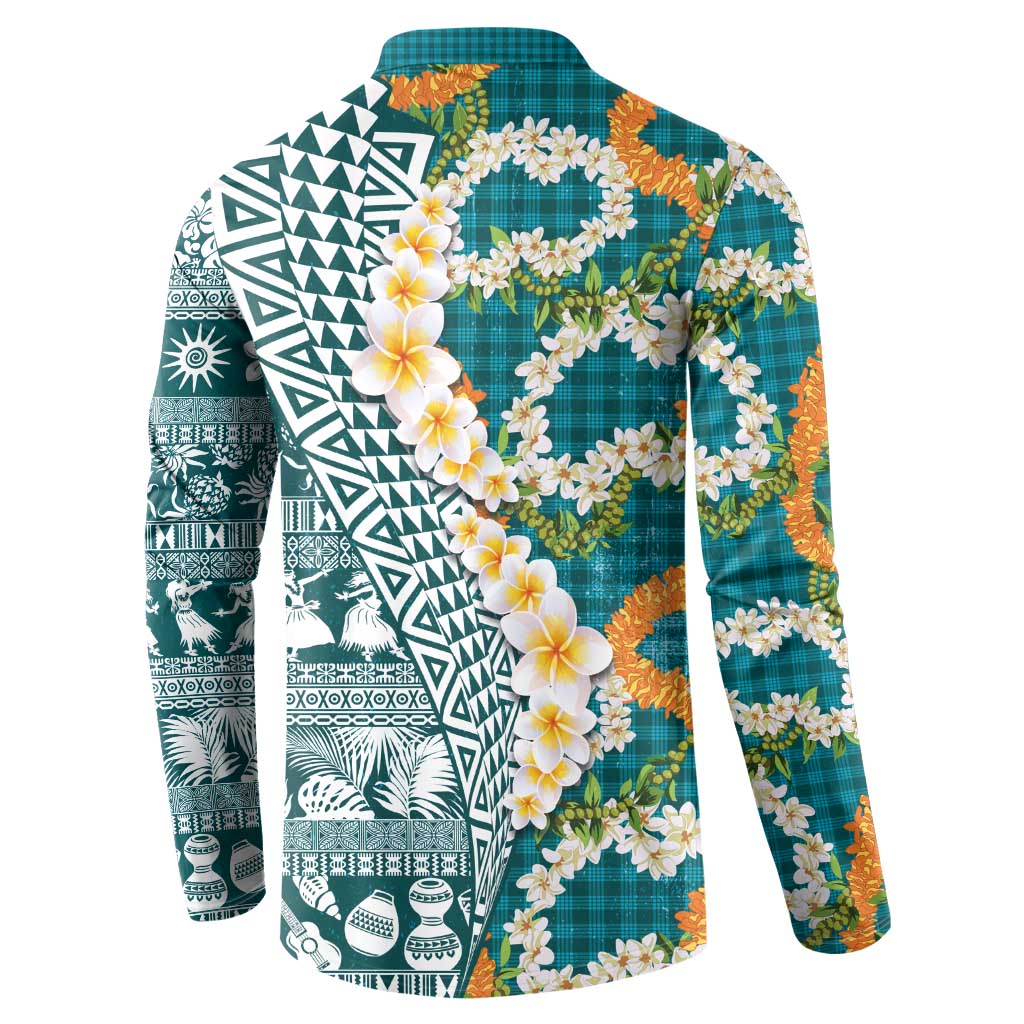 Hawaiian Plumeria Lei Button Sweatshirt Kakau Motifs and Palaka Half Style Turquoise Color LT03 - Polynesian Pride