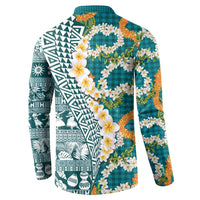 Hawaiian Plumeria Lei Button Sweatshirt Kakau Motifs and Palaka Half Style Turquoise Color LT03 - Polynesian Pride
