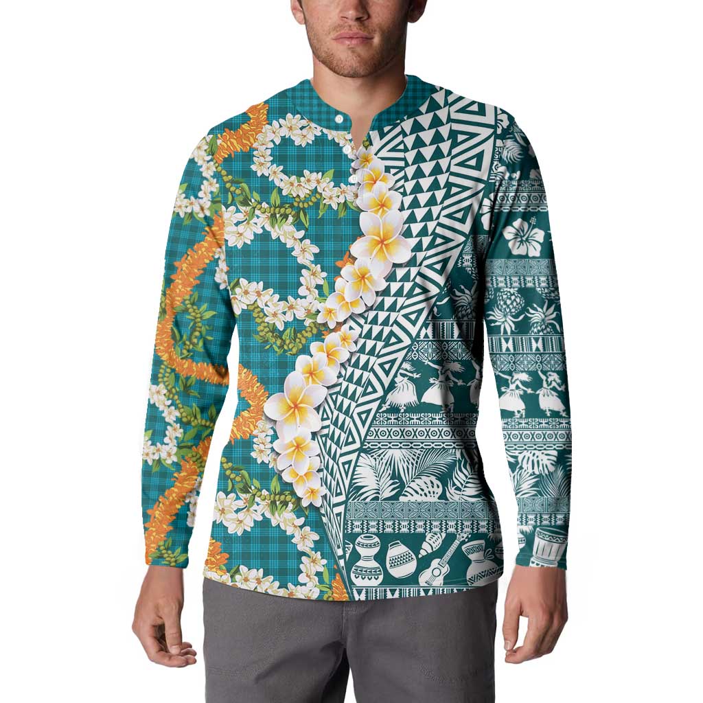 Hawaiian Plumeria Lei Button Sweatshirt Kakau Motifs and Palaka Half Style Turquoise Color LT03 - Polynesian Pride