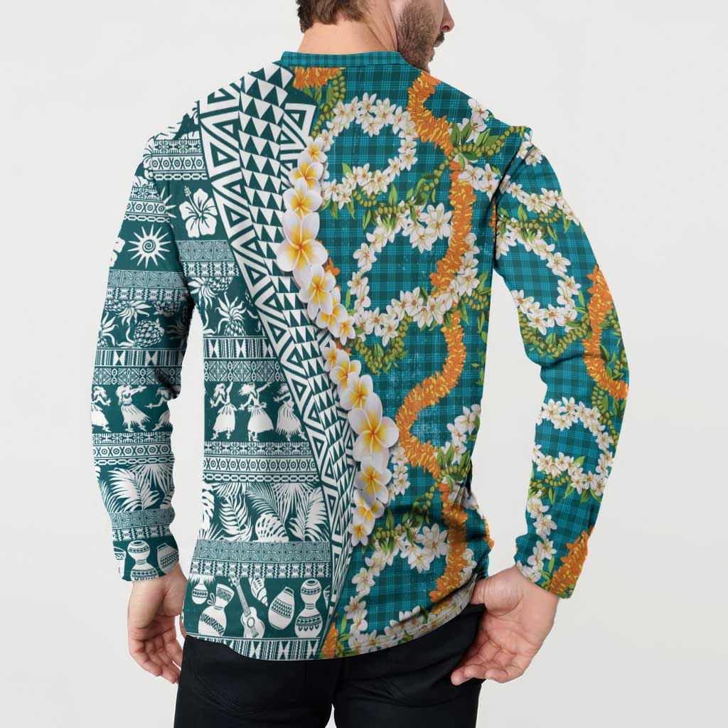 Hawaiian Plumeria Lei Button Sweatshirt Kakau Motifs and Palaka Half Style Turquoise Color LT03 - Polynesian Pride