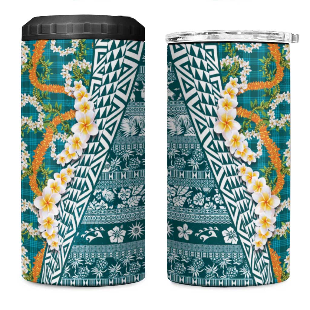 Hawaiian Plumeria Lei 4 in 1 Can Cooler Tumbler Kakau Motifs and Palaka Half Style Turquoise Color - Polynesian Pride